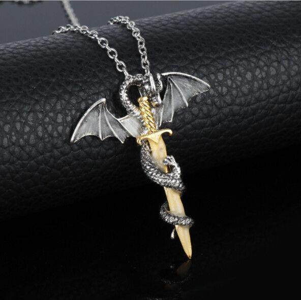 MeiYang Mens Silver Gold Stainless Steel Pendant Necklace Chain Punk Dragon Wing