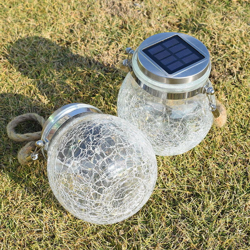 Solar Lights Crackle Glass Ball Amber Warm LED Hanging Solar Lantern Outdoor Waterproof Solar Patio Lanterns Decorative with 2 Optional Modes Solar Powered Jar Lamp for Garden Deck Decor