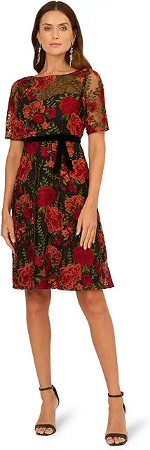 Adrianna Papell Womens Floral Embroidered Short Dress